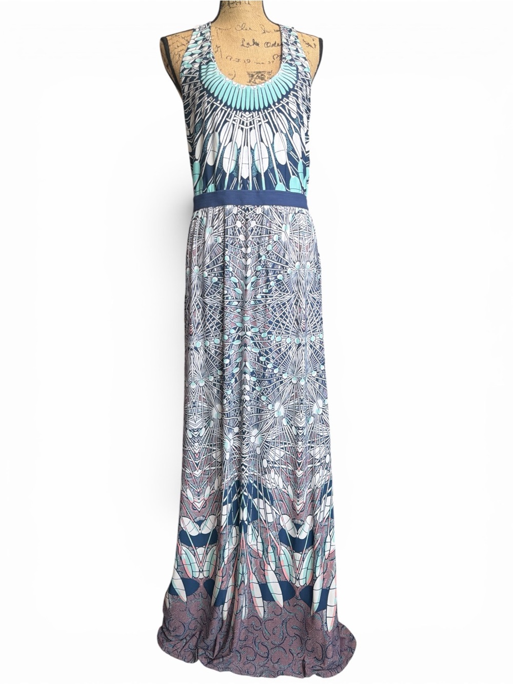 BCBGMaxAzria Blue Adriene maxi dress in a intricate tile print.  EC Size Large